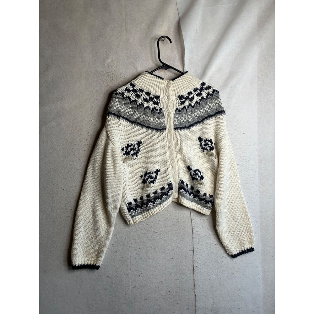 Jamie Scott Vintage Hand Knitted Fair Isle Cardigan Sweater Cream Navy Womens M